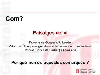 Projecte de Cooperació Leader Valorització del paisatge i desenvolupament de l’enoturisme Priorat, Conca de Barberà i Terra Alta Paisatges del vi Com? Per què només aquestes comarques ? 