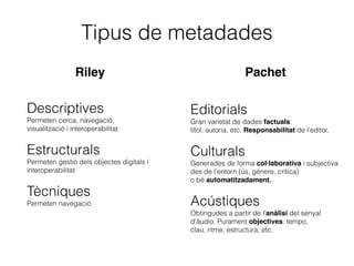 Tipus de metadades
Descriptives
Permeten cerca, navegació,
visualització i interoperabilitat
Estructurals
Permeten gestió dels objectes digitals i
interoperabilitat
Tècniques
Permeten navegació
Editorials
Gran varietat de dades factuals:
títol, autoria, etc. Responsabilitat de l’editor.
Culturals
Generades de forma col·laborativa i subjectiva
des de l’entorn (ús, gènere, crítica)
o bé automatitzadament.
Acústiques
Obtingudes a partir de l’anàlisi del senyal
d’àudio. Purament objectives: tempo,
clau, ritme, estructura, etc.
PachetRiley
 