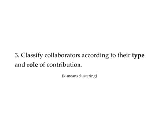 3. Classify collaborators according to their type
and role of contribution.
(k-means clustering)
 