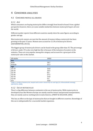 Global Brand Management: Harley-Davidson


4 CONSUMER ANALYSES
4.1 CONSUMER PROFILE ALL BRANDS
4.1.1 AGE
Which consumers are buying motorcycles differs strongly from brand to brand. From a global
perspective however, there are some notable similarities between motorcycle buyers all over
the world.

Different market reports from different countries mainly show the same figures according to
gender and age.

Most motorcycle owners are men but the amount of women riding a motorcycle has been
growing in the past 15 years. Women now account for 21.3% of motorcycle drivers.
(DATAMONITOR, 2011b)

The biggest group of motorcycle drivers can be found in the group older than 35. The percentage
of drivers under 19 is also very high but this is because of the inclusion of scooters in the
statistics. These are very popular among this category and account for a great part of the
motorcycle sales in this market.

All adults                                           100.0
Sex
Male                                                 78.7
Female                                               21.3
Age
15-19                                                16.0
20-24                                                10.5
25-34                                                8.9
35-44                                                27.5
45-54                                                16.8
55-64                                                9.4
65+                                                  10.8
Table 1: Profile of motorcycle, moped and scooter owners by sex and Age (% of households owning)
(KEYNOTE, 2008)

4.1.2 USE OF MOTORCYCLES
There’s a big difference between continents in the use of motorcycles. While motorcycles in
developed areas like Western Europe are mainly used for leisure and personal transportation,
they are mainly used as working tools in Latin America. (FROST & SULLIVAN, 2002)

This has an effect on the type of motorcycles that are bought in different countries. Knowledge of
this use is indispensable for a successful market expansion.




                                                                                                   4
                                     Joren Lemiegre – A4040228
 