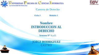 Ciclo: I Módulo: I
Nombre
INTRODUCCION AL
DERECHO
Semana Nº 1 y 2
JORGE RODRIGFUEZ
CASTRO
 