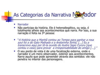 As Categorias da Narrativa   Narrador Narrador   Não participa da história. Ele é heterodiegético, ou seja, é totalmente alheio aos acontecimentos que narra. Por isso, a sua narração é feita na 3ª pessoa: “ A história que a Manhã contou ao Tempo para ganhar a rosa azul foi a do Gato Malhado e a Andorinha Sinhá; [...] Eu a transcrevo aqui por tê-la ouvido do ilustre Sapo Cururu [que contou o caso] para provar  a irresponsabilidade do amigo [...].” O seu ponto de vista é de uma focalização externa, onde o narrador é um mero observador, exterior aos acontecimentos. Narra aquilo que pode apreender através dos sentidos: ele não penetra no interior das personagens. 