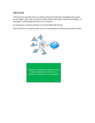 20/11/14
El día de hoy vas aprender cómo va a trabajar el documento llamado revista digital como atraves de una imagen , de una URL y de internet, podrás obtener información desde la revista digital , sin descargarla , viéndola desde internet y con un simple clic
Un clic generara un evento y llamara a otro sitio (la URL) desde internet
Todo clic llamara a una base de datos, que es, en este ejemplo el archivo que previamente subiste
ATRAVES DE LA IMAGEN COLOCADA EN ESTA PAGINA, PODRAS VER EL ARCHIVO QUE SUVISTE EL MARTES 18 A TU ALOJAMIENTO