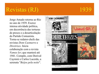 Revistas (RJ)                    1939
 Jorge Amado retorna ao Rio
 no ano de 1939. Exerce
 intensa atividade política,
 em decorrência das torturas
 de presos e a desarticulação
 do Partido Comunista.
 Torna-se redator-chefe das
 revistas Dom Casmurro e
 Diretrizes. Inicia
 colaboração com a revista
 Vamos ler; que manterá até
 1941. Compõe, com Dorival
 Caymmi e Carlos Lacerda, a
 serenata "Beijos pela noite".
 