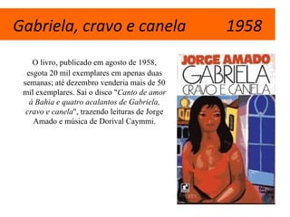 Gabriela, cravo e canela                        1958
    O livro, publicado em agosto de 1958,
  esgota 20 mil exemplares em apenas duas
 semanas; até dezembro venderia mais de 50
 mil exemplares. Sai o disco "Canto de amor
   à Bahia e quatro acalantos de Gabriela,
  cravo e canela", trazendo leituras de Jorge
    Amado e música de Dorival Caymmi.
 