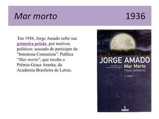 Em 1936, Jorge Amado sofre sua
primeira prisão por motivos
políticos: acusado de participar da
"Intentona Comunista”. Publica
“Mar morto”, que recebe o
Prêmio Graça Aranha, da
Academia Brasileira de Letras.
 