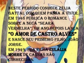 Neste período conhece Zélia
Gattai, com quem passa a viver.
Em 1946 publica o romance
SoBrE a SECa “SEara
vErMElHa”. uM ano DEpoIS lança
“o aMor DE CaStro alvES”
e nasce seu primeiro filho, João
Jorge.
Em 1949, sua filha Eulália
morre de causas não
conhecidas.
 