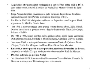 •   As grandes obras do autor começaram a ser escritas entre 1935 a 1944,
    com obras como Jubiabá; Capitães da Areia; Mar Morto e Terras do Sem-
    Fim.
•   Jorge Amado também enveredou-se pelo caminho da política e foi eleito
    deputado federal pelo Partido Comunista Brasileiro (PCB),
•   Em 1941 e 1942 foi obrigado a exilar-se na Argentina e no Uruguai 1944,
    separou-se de Matilde Garcia Rosa.
•    Em 1945 o autor conheceu uma grande leitora de suas obras, Zélia Gattai.
    Os dois se casaram e poucos meses depois tiveram três filhos: João Jorge,
    Paloma e Eulália.
•   De 1946 a 1958, foram escritas outras grandes obras como Seara Vermelha;
    Os Subterrâneos da Liberdade e, principalmente, Gabriela, Cravo e Canela.
•    Nos anos 1960, o autor publicou sucessos como Morte de Quincas Berro
    d’Água, Tenda dos Milagres e o Dona Flor e Seus Dois Maridos.
•   Em 1961, o autor passou a fazer parte da Academia Brasileira de Letras,
    ocupando a cadeira 23, que havia pertencido ao escritor José de Alencar.
•   1961 foi indicado ao prêmio Nobel
•    Na década de 1970, foram escritos livros como Teresa Batista, Cansada de
    Guerra e a obra-prima Tieta do Agreste, entre outras.


                                                                                10
 