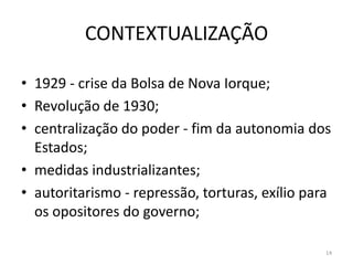 CONTEXTUALIZAÇÃO

• 1929 - crise da Bolsa de Nova Iorque;
• Revolução de 1930;
• centralização do poder - fim da autonomia dos
  Estados;
• medidas industrializantes;
• autoritarismo - repressão, torturas, exílio para
  os opositores do governo;

                                                 14
 