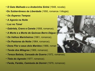 • O Gato Malhado e a Andorinha Sinhá (1948, novela); 
•Os Subterrâneos da Liberdade (1950, romance / trilogia); 
• Os Ásperos Tempos 
• A Agonia na Noite 
• Luz no Túnel 
• Gabriela, Cravo e Canela (1958, romance); 
• A Morte e a Morte de Quincas Berro Dágua (1960, romance); 
• Os Velhos Marinheiros (1961, romance); 
• Os Pastores da Noite (1964, romance); 
• Dona Flor e seus dois Maridos (1966, romance); 
• Tenda dos Milagres (1969, romance); 
• Tereza Batista, Cansada de Guerra (1972, romance); 
• Tieta do Agreste (1977, romance); 
• Farda, Fardão, Camisola de Dormir (1979, romance); 
 