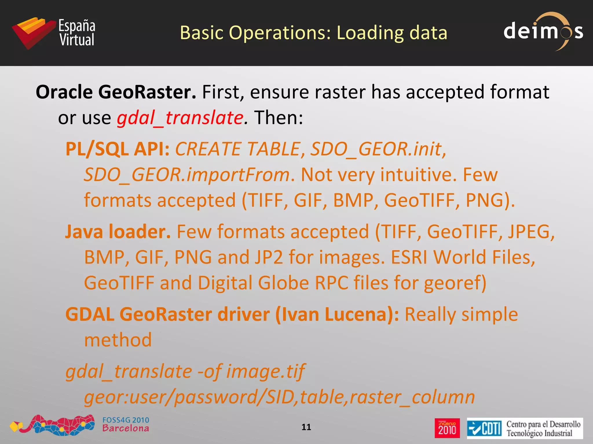 Basic Operations: Loading data Oracle GeoRaster.  First, ensure raster has accepted format or use  gdal_translate .  Then : PL/SQL API:   CREATE TABLE ,  SDO_GEOR.init ,  SDO_GEOR.importFrom . Not very intuitive. Few formats accepted (TIFF, GIF, BMP, GeoTIFF, PNG). 