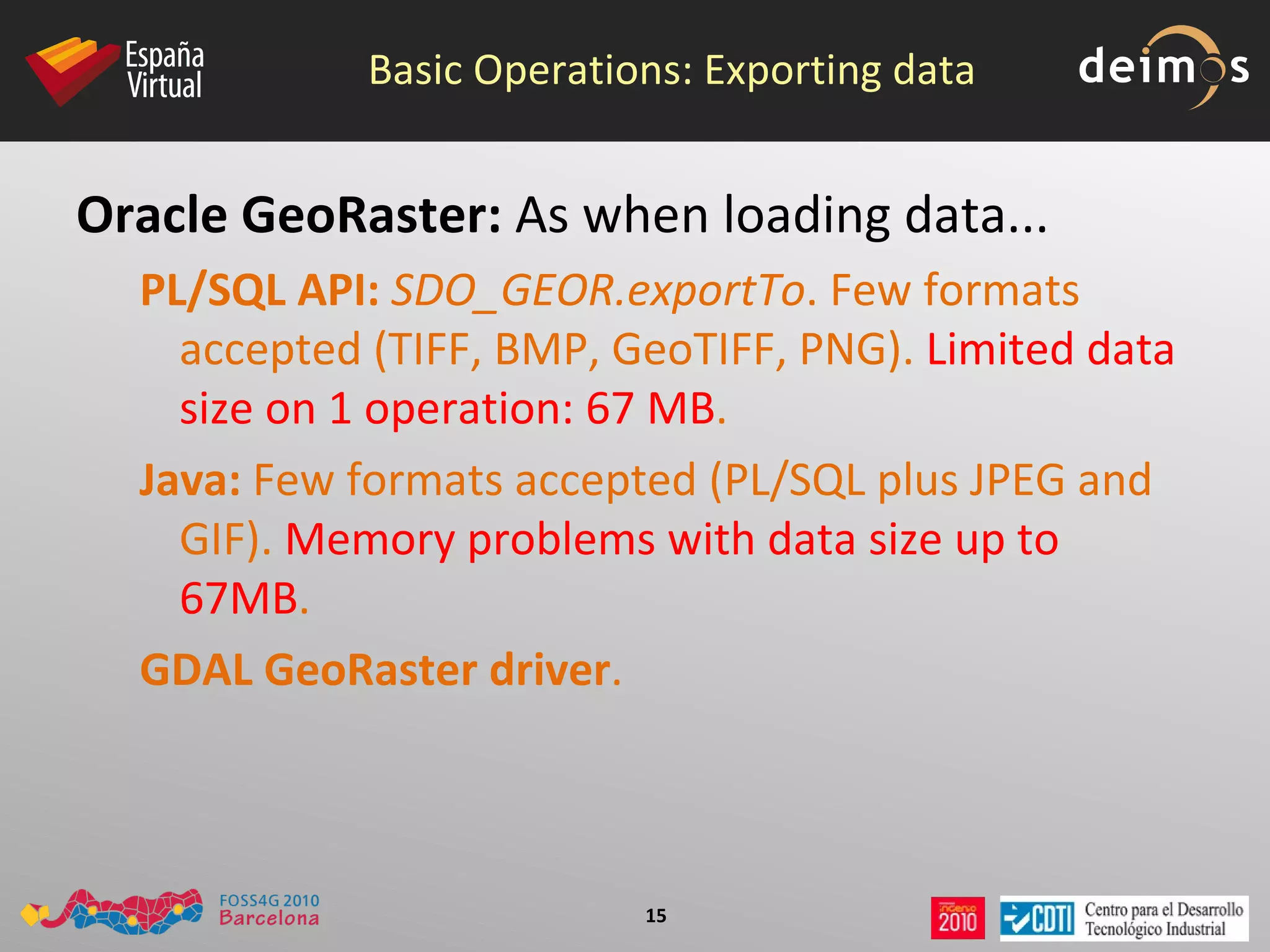 Basic Operations: Loading data PostGIS WKT Raster:  All GDAL-accepted formats. Use  python loader  gdal2wktraster 