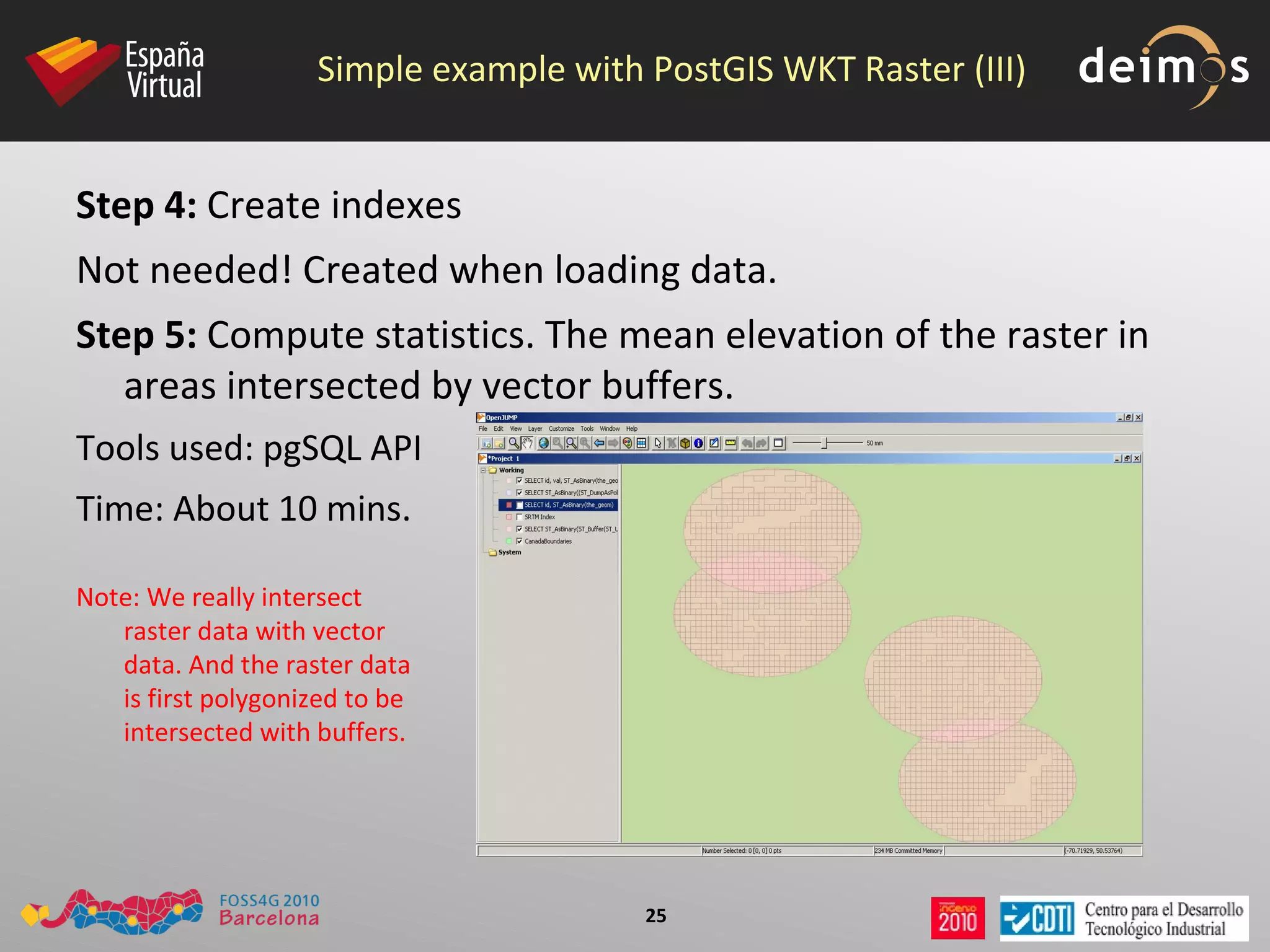 Basic Operations: Exporting data Oracle GeoRaster:  As when loading data... PL/SQL API:   SDO_GEOR.exportTo . Few formats accepted (TIFF, BMP, GeoTIFF, PNG).  Limited data size on 1 operation: 67 MB . 