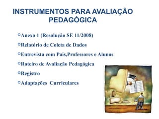 INSTRUMENTOS PARA AVALIAÇÃO
PEDAGÓGICA
Anexo 1 (Resolução SE 11/2008)
Relatório de Coleta de Dados
Entrevista com Pais,Professores e Alunos
Roteiro de Avaliação Pedagógica
Registro
Adaptações Curriculares
 