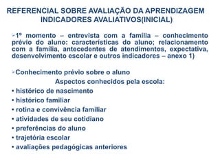 1º momento – entrevista com a família – conhecimento
prévio do aluno: características do aluno; relacionamento
com a família, antecedentes de atendimentos, expectativa,
desenvolvimento escolar e outros indicadores – anexo 1)
Conhecimento prévio sobre o aluno
Aspectos conhecidos pela escola:
• histórico de nascimento
• histórico familiar
• rotina e convivência familiar
• atividades de seu cotidiano
• preferências do aluno
• trajetória escolar
• avaliações pedagógicas anteriores
REFERENCIAL SOBRE AVALIAÇÃO DA APRENDIZAGEM
INDICADORES AVALIATIVOS(INICIAL)
 