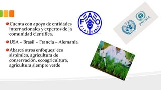 Cuenta con apoyo de entidades
internacionales y expertos de la
comunidad científica.
USA – Brasil – Francia – Alemania
Abarca otros enfoques: eco
sistémico, agricultura de
conservación, ecoagricultura,
agricultura siempre verde
 