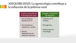 ASEQUIBILIDAD: La agroecología contribuye a
la reducción de la pobreza rural
Gestión sostenible de
la fertilidad del suelo
• Uso de plantas
fijadoras de N.
• Uso de abonos
orgánicos y verdes.
• Menos
dependencia de
insumos externos
Empleo y aumento
de ingresos
• Laboreo en el
manejo.
• Divulgación.
• Fabricación de
tecnología
 