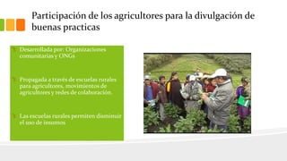 Participación de los agricultores para la divulgación de
buenas practicas
Desarrollada por: Organizaciones
comunitarias y ONGs
Propagada a través de escuelas rurales
para agricultores, movimientos de
agricultores y redes de colaboración.
Las escuelas rurales permiten disminuir
el uso de insumos
 