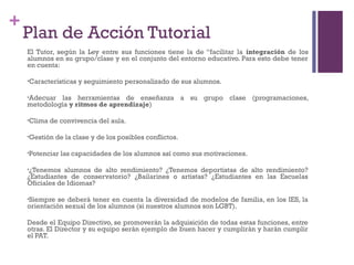 +
Plan de Acción Tutorial
El Tutor, según la Ley entre sus funciones tiene la de “facilitar la integración de los
alumnos en su grupo/clase y en el conjunto del entorno educativo. Para esto debe tener
en cuenta:
•Características y seguimiento personalizado de sus alumnos.
•Adecuar las herramientas de enseñanza a su grupo clase (programaciones,
metodología y ritmos de aprendizaje)
•Clima de convivencia del aula.
•Gestión de la clase y de los posibles conflictos.
•Potenciar las capacidades de los alumnos así como sus motivaciones.
•¿Tenemos alumnos de alto rendimiento? ¿Tenemos deportistas de alto rendimiento?
¿Estudiantes de conservatorio? ¿Bailarines o artistas? ¿Estudiantes en las Escuelas
Oficiales de Idiomas?
•Siempre se deberá tener en cuenta la diversidad de modelos de familia, en los IES, la
orientación sexual de los alumnos (si nuestros alumnos son LGBT).
Desde el Equipo Directivo, se promoverán la adquisición de todas estas funciones, entre
otras. El Director y su equipo serán ejemplo de buen hacer y cumplirán y harán cumplir
el PAT.
 