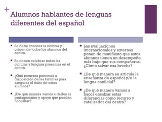 +
Alumnos hablantes de lenguas
diferentes del español
 Se debe conocer la historia y
origen de todos los alumnos del
centro.
 Se deben celebrar todas las
culturas y lenguas presentes en el
centro.
 ¿Qué recursos ponemos a
disposición de las familias para
asegurar el éxito de estos
alumnos?
 ¿De qué manera vamos a darles el
protagonismo y apoyo que puedan
necesitar?
 Las evaluaciones
internacionales y externas
ponen de manifiesto que estos
alumnos tienen un desempeño
más bajo que sus compañeros.
¿Cómo salvar esa brecha?
 ¿De qué manera se articula la
enseñanza de español y/o la
lengua cooficial?
 ¿De qué manera vamos a
hacer ensalzar estas
diferencias como recurso y
catalizador del centro?
 