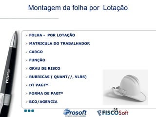 Montagem da folha por Lotação


 FOLHA - POR LOTAÇÃO

 MATRICULA DO TRABALHADOR

 CARGO

 FUNÇÃO

 GRAU DE RISCO

 RUBRICAS ( QUANT//, VLRS)

 DT PAGTº

 FORMA DE PAGTº

 BCO/AGENCIA

                              25
 