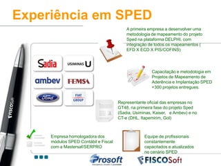 Experiência em SPED
                                          A primeira empresa a desenvolver uma
                                          metodologia de mapeamento do projeto
                                          Sped na plataforma DELPHI, com
                                          integração de todos os mapeamentos (
                                          EFD X ECD X PIS/COFINS)




                                                      Capacitação e metodologia em
                                                      Projetos de Mapeamento de
                                                      Aderência e Implantação SPED
                                                      +300 projetos entregues.


                                      Representante oficial das empresas no
                                      GT48, na primeira fase do projeto Sped
                                      (Sadia, Usiminas, Kaiser, e Ambev) e no
                                      CT-e (DHL, Itapemirim, Gol)



     Empresa homologadora dos                      Equipe de profissionais
     módulos SPED Contábil e Fiscal                constantemente
     com a Mastersaf/SERPRO                        capacitados e atualizados
                                                   no cenário SPED
 