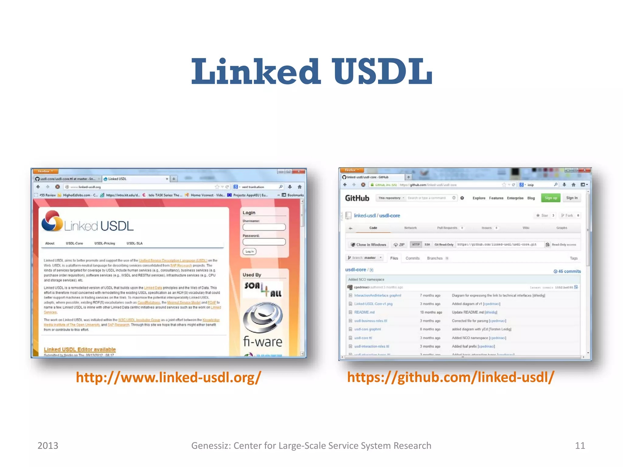 Linked USDL
2013 Genessiz: Center for Large-Scale Service System Research 11
http://www.linked-usdl.org/ https://github.com/linked-usdl/
 
