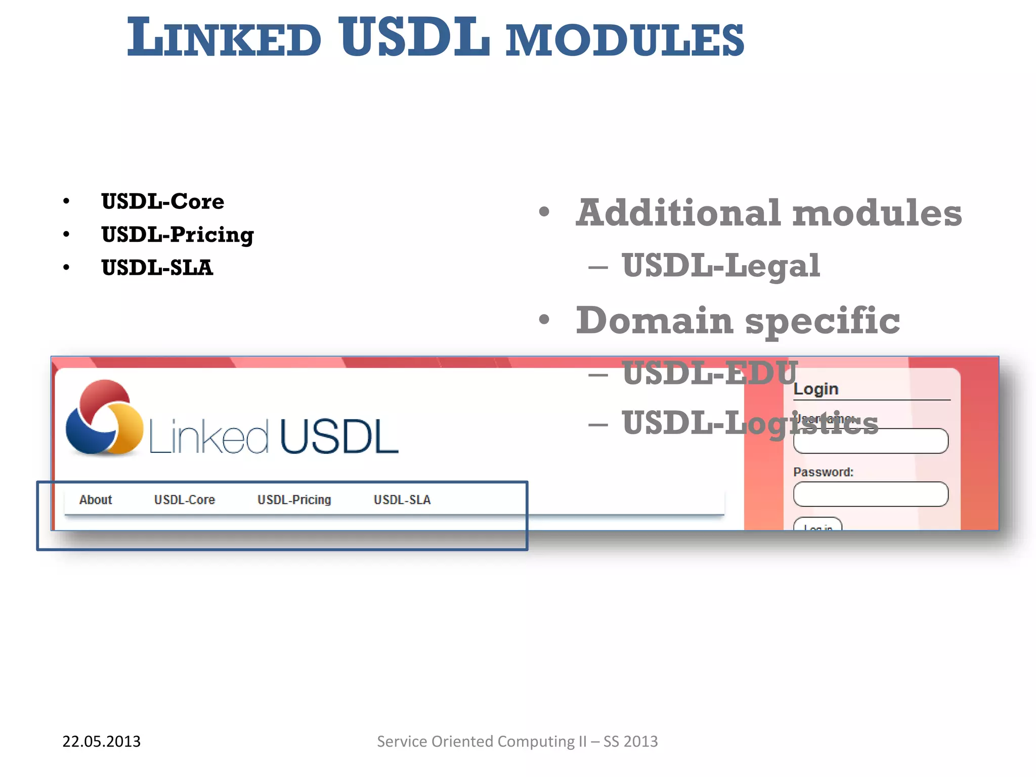 LINKED USDL MODULES
• USDL-Core
• USDL-Pricing
• USDL-SLA
22.05.2013 Service Oriented Computing II – SS 2013
• Additional modules
– USDL-Legal
• Domain specific
– USDL-EDU
– USDL-Logistics
 