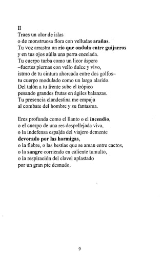 Ii
Traes un olor de islas
o de monstruosa flora con velludas arañas.
Tu voz arrastra un río que ondula entre guijarros
y en tus ojos aúlla una perra encelada.
Tu cuerpo turba como un licor áspero
-fuertes piernas con vello dulce y vivo,
istmo de tu cintura ahorcada entre dos golfos-
tu cuerpo modulado como un largo alarido.
Del talón a tu frente sube el trópico
pesando grandes frutas en ágiles balanzas.
Tu presencia clandestina me empuja
al combate del hombre y su fantasma.
Eres profunda como el llanto o el incendio,
o el cuerpo de una res despellejada viva,
o la indefensa espalda del viajero demente
devorado por las hormigas,
o la fiebre, o las bestias que se aman entre cactos,
o la sangre corriendo en caliente tumulto,
o la respiración del clavel aplastado
por un gran pie desnudo.
9
 
