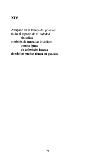 XIV
Atrapado en la trampa del poniente
mido el espacio de mi soledad
sin salida
o prisión de murallas invisibles
trampa ígnea
de celestiales brasas
donde los sueños tienen su guarida.
27
 