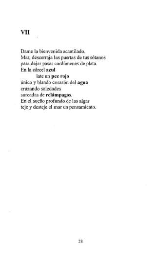 VII
Dame la bienvenida acantilado.
Mar, descerraja las puertas de tus sótanos
para dejar pasar cardúmenes de plata.
En la cárcel azul
late un pez rojo
único y blando corazón del agua
cruzando soledades
surcadas de relámpagos.
En el sueño profundo de las algas
teje y desteje el mar un pensamiento.
28
 