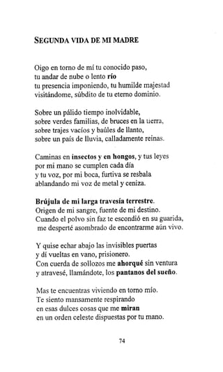 SEGUNDA VIDA DE MI MADRE
Oigo en torno de mí tu conocido paso,
tu andar de nube o lento río
tu presencia imponiendo, tu humilde majestad
visitándome, súbdito de tu eterno dominio.
Sobre un pálido tiempo inolvidable,
sobre verdes familias, de bruces en la tierra,
sobre trajes vacíos y baúles de llanto,
sobre un país de lluvia, calladamente reinas.
Caminas en insectos y en hongos , y tus leyes
por mi mano se cumplen cada día
y tu voz, por mi boca, furtiva se resbala
ablandando mi voz de metal y ceniza.
Brújula de mi larga travesía terrestre.
Origen de mi sangre, fuente de mi destino.
Cuando el polvo sin faz te escondió en su guarida,
me desperté asombrado de encontrarme aún vivo.
Y quise echar abajo las invisibles puertas
y dí vueltas en vano, prisionero.
Con cuerda de sollozos me ahorqué sin ventura
y atravesé, llamándote, los pantanos del sueño.
Mas te encuentras viviendo en torno mío.
Te siento mansamente respirando
en esas dulces cosas que me miran
en un orden celeste dispuestas por tu mano.
74
 