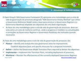 OOpen Group’s SOA Governance Framework [9] apresentaumametodologiapara o ciclo de vida da governação de processosdesignada “SOA Governance Vitality Method” queutiliza o Governance Reference Model como a base paraconstruir o Governance Regimen e o Governance Roadmap adaptadoaosobjectivos de uma dada organização. As fasesde umametodologiapara o ciclo de vida da governação de processosdeve ser vista como um ciclo de melhoriacontínua, onde o progresso é medido e as actualizações e correcçõesao Governance Regimen eGovernance Roadmap sãorealizadasquandonecessário.As fasesde umametodologiapara o ciclo de vida da governação de processossão:Planear– Identify and analyze the core governance areas for improvement.		Establish objectives/plan and specific measures for a proposed increment. Definir– Define the Governance Model Transition Plans required to deliver the objectives
