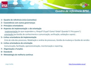 Quadro de referência BPM.1 – Quadro de referênciaúnico (conceitos)2 – Coexistência com outrasgovernanças3 – Princípiosorientadores4 – Aspectos de implementação  e de orientaçãoimplementação(osquerespondem a, Porquê? O quê? Como? Onde? Quando? E Pro quem? )orientação(ex.Gestão de conhecimento e comunicação, verificação, validação e apoio) .5 – Linhasorientadoras de implementaçãoCiclo de vida dos processos, Modelação e análise de processos, Gestão da mudança e Gestão de versões6 – Linhasorientadoras de orientaçãoComunicação, facilitação, operacionalização, monitorização e reporting. 7 -  Organização e Funções8 – Standards9 – Metodologia de melhoriacontínua