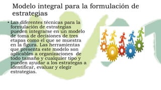 Modelo integral para la formulación de
estrategias
• Las diferentes técnicas para la
formulación de estrategias
pueden integrarse en un modelo
de toma de decisiones de tres
etapas como el que se muestra
en la figura. Las herramientas
que presenta este modelo son
aplicables a organizaciones de
todo tamaño y cualquier tipo y
pueden ayudar a los estrategas a
identificar, evaluar y elegir
estrategias.
 