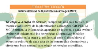 ETAPA 3: ETAPA DE DECISIÓN
Matriz cuantitativa de la planificación estratégica (MCPE)
La etapa 3, o etapa de decisión, comprende una sola técnica, la
matriz cuantitativa de la planificación estratégica (MCPE). La
MCPE utiliza la información aportada en la etapa 1 para evaluar
evaluar objetivamente las estrategias alternativas factibles
identificadas en la etapa 2, con lo cual pone al descubierto el
atractivo relativo de cada una de las estrategias alternativas y
ofrece una base neutral para elegir estrategias específicas.
 