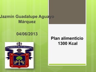 Plan alimenticio
1300 Kcal
Jazmín Guadalupe Aguayo
Márquez
04/06/2013
 