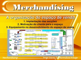 MerchandisingMerchandising
1. Implantação das secções
2. Motivação do cliente para o espaço
3. Equipamento no desenvolvimento do espaço de venda
A organização do espaço de vendaA organização do espaço de venda
 