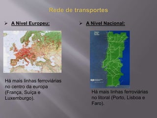  A Nível Europeu:  A Nível Nacional:
Há mais linhas ferroviárias
no centro da europa
(França, Suíça e
Luxemburgo).
Há mais linhas ferroviárias
no litoral (Porto, Lisboa e
Faro).
 
