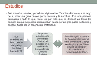 • Fue maestro, escritor, periodista, diplomático. Tambien demostró a lo largo
de su vida una gran pasión por la lectura y la escritura. Fue una persona
entregada a todo lo que hacía, es por esto que se destacó en todos los
campos en que se pudiera desempeñar, desde ser un gran padre de familia y
esposa, hasta ser un reconocido profesional.
Estudios
Sus
estudios los
llevo dentro
del país y
también
fuera de él.
Empezó a
estudiar en la
Universidad
Central del
Ecuador en la
facultad de
Jurisprudencia y
Ciencias
Sociales
También siguió la carrera
de Derecho Internacional
en la universidad “George
Washington y, por último
estudió Sociología y
Economía en la
“Universidad de Chile”.
 