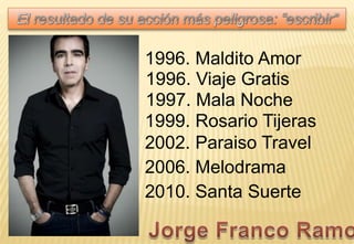 1996. Maldito Amor
1996. Viaje Gratis
1997. Mala Noche
1999. Rosario Tijeras
2002. Paraiso Travel
2006. Melodrama
2010. Santa Suerte
 