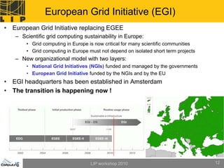 European Grid Initiative (EGI)
• European Grid Initiative replacing EGEE
   – Scientific grid computing sustainability in Europe:
       • Grid computing in Europe is now critical for many scientific communities
       • Grid computing in Europe must not depend on isolated short term projects
   – New organizational model with two layers:
       • National Grid Initiatives (NGIs) funded and managed by the governments
       • European Grid Initiative funded by the NGIs and by the EU
• EGI headquarters has been established in Amsterdam
• The transition is happening now !




                                   LIP workshop 2010                                12
 