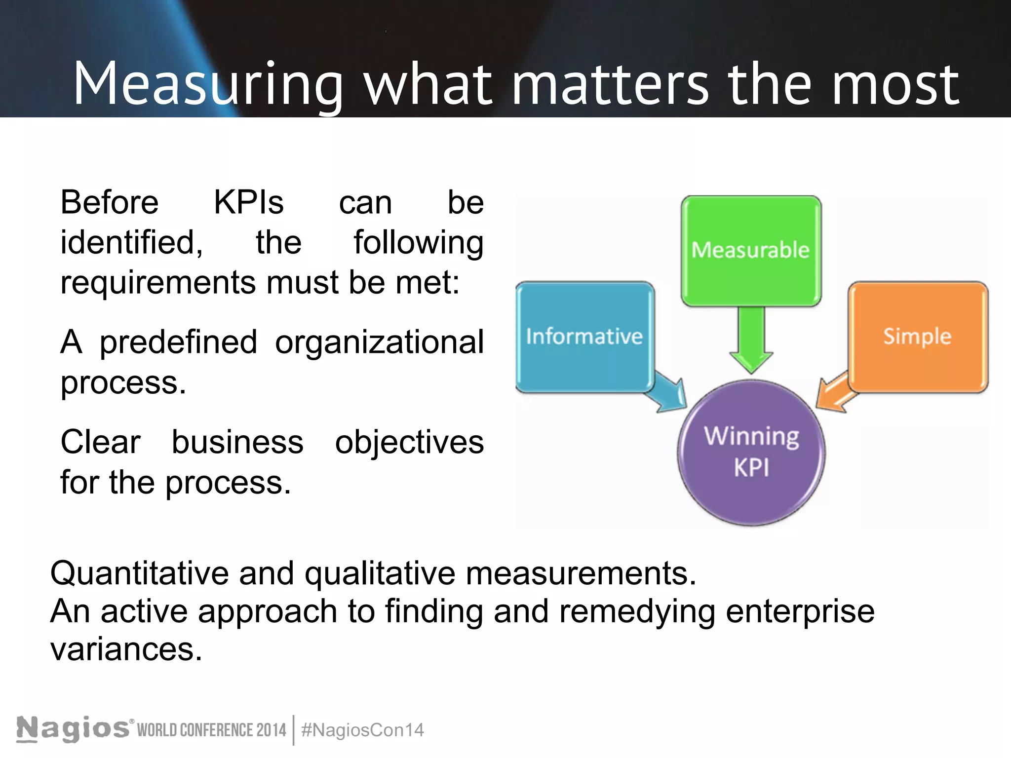 Measuring what matters the most 
Before KPIs can be 
identified, the following 
requirements must be met: 
A predefined organizational 
process. 
Clear business objectives 
for the process. 
Quantitative and qualitative measurements. 
An active approach to finding and remedying enterprise 
variances. 
 