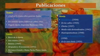 Teatro
• ¿Cuál es? y Como ellos quieren. Quito, Editorial
Labor, 1931.
• Sin sentido. Quito, Editorial Labor, 1932.
• Flagelo. Quito, Imprenta Nacional, 1936.
Publicaciones
Novela
• Huasipungo.(1934)
• En las calles. (1935)
• Cholos. (1937)
• Media vida deslumbrados. (1942)
• Huairapamushcas. (1948)
• El Chulla Romero y Flores.
(1958)
• En la casa chola. (1959)
Cuento
• Barro de la Sierra.
• Seis relatos. (1952)
• Relatos. (1969)
• Atrapados y El juramento. (1972)
• Barranca Grande y Mama Pacha, Plaza y Janés,
1981.
 