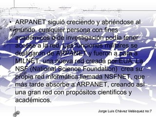 ARPANET siguió creciendo y abriéndose al mundo, cualquier persona con fines académicos o de investigación podía tener acceso a la red. Las funciones militares se desligaron de ARPANET y fueron a para a MILNET, una nueva red creada por EUA. La NSF (National Science Foundation)  crea su propia red informática llamada NSFNET, que más tarde absorbe a ARPANET, creando así una gran red con propósitos científicos y académicos. 