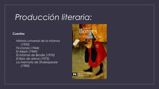 Producción literaria:
Cuentos
• Historia universal de la infamia
 (1935)
• Ficciones (1944)
• El Aleph (1949)
• El informe de Brodie (1970)
• El libro de arena (1975)
• La memoria de Shakespeare
 (1983)
 