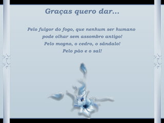 Graças quero dar...
Pelo fulgor do fogo, que nenhum ser humano
pode olhar sem assombro antigo!
Pelo mogno, o cedro, o sândalo!
Pelo pão e o sal!
 