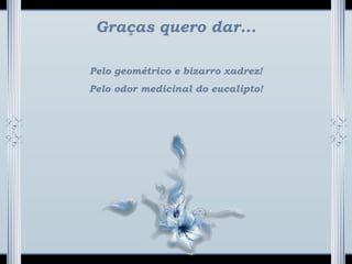 Graças quero dar...
Pelo geométrico e bizarro xadrez!
Pelo odor medicinal do eucalipto!
 