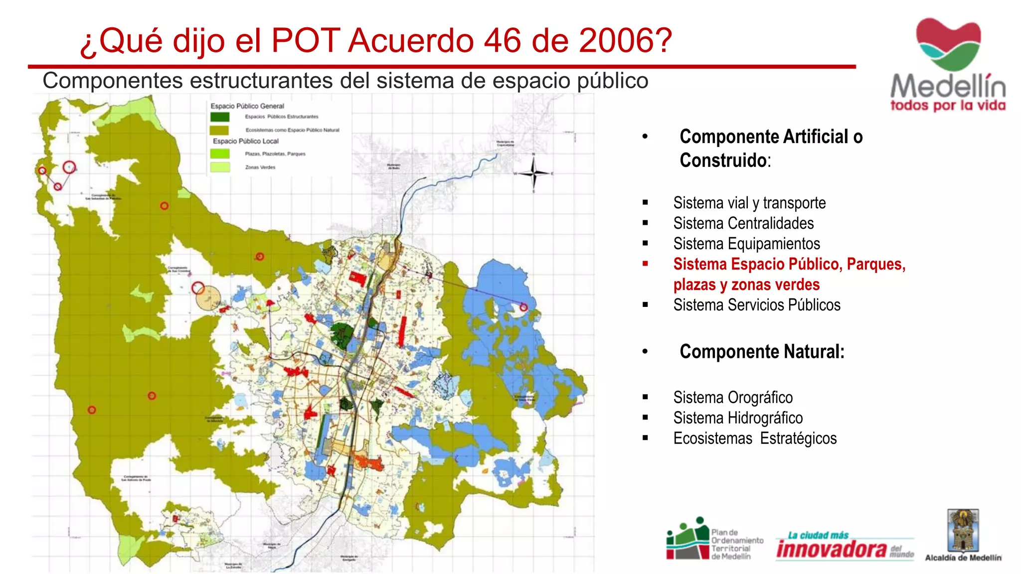 ¿Qué dijo el POT Acuerdo 46 de 2006?
• Componente Artificial o
Construido:
 Sistema vial y transporte
 Sistema Centralidades
 Sistema Equipamientos
 Sistema Espacio Público, Parques,
plazas y zonas verdes
 Sistema Servicios Públicos
• Componente Natural:
 Sistema Orográfico
 Sistema Hidrográfico
 Ecosistemas Estratégicos
Componentes estructurantes del sistema de espacio público
 