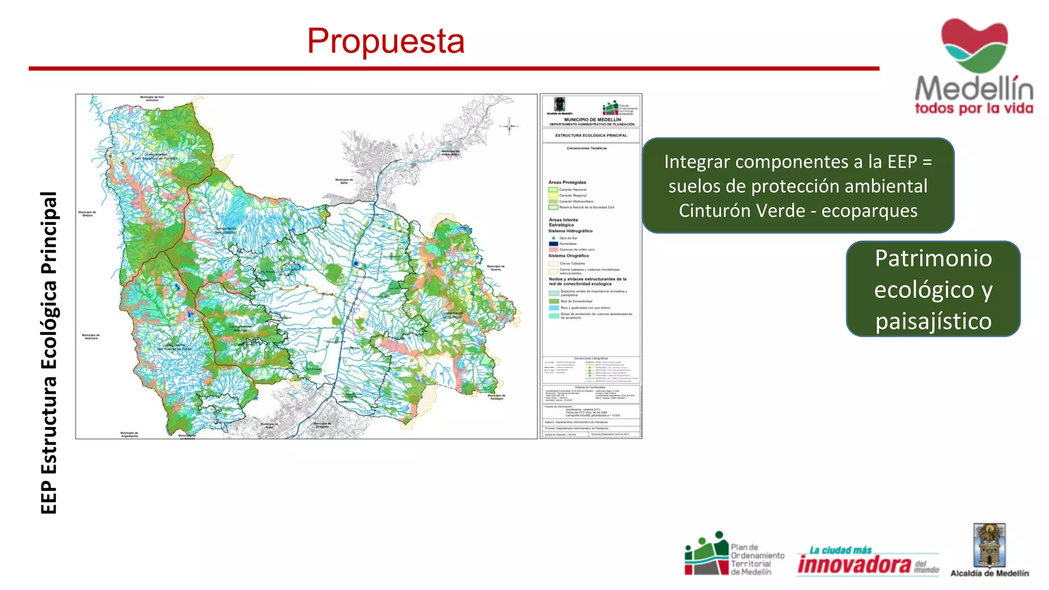 Propuesta
Patrimonio
ecológico y
paisajístico
Integrar componentes a la EEP =
suelos de protección ambiental
Cinturón Verde - ecoparques
EEPEstructuraEcológicaPrincipal
 